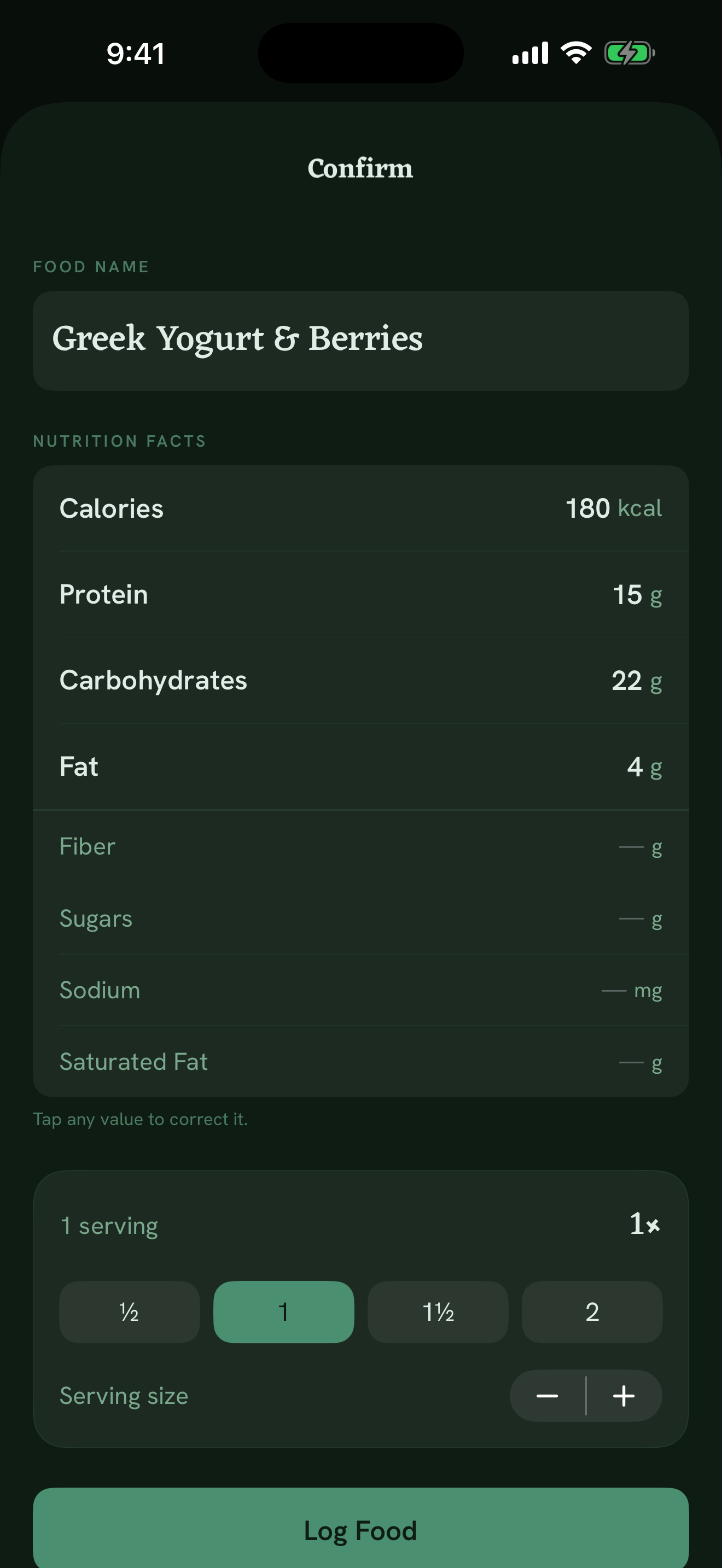 Theli's review screen with calories and macros