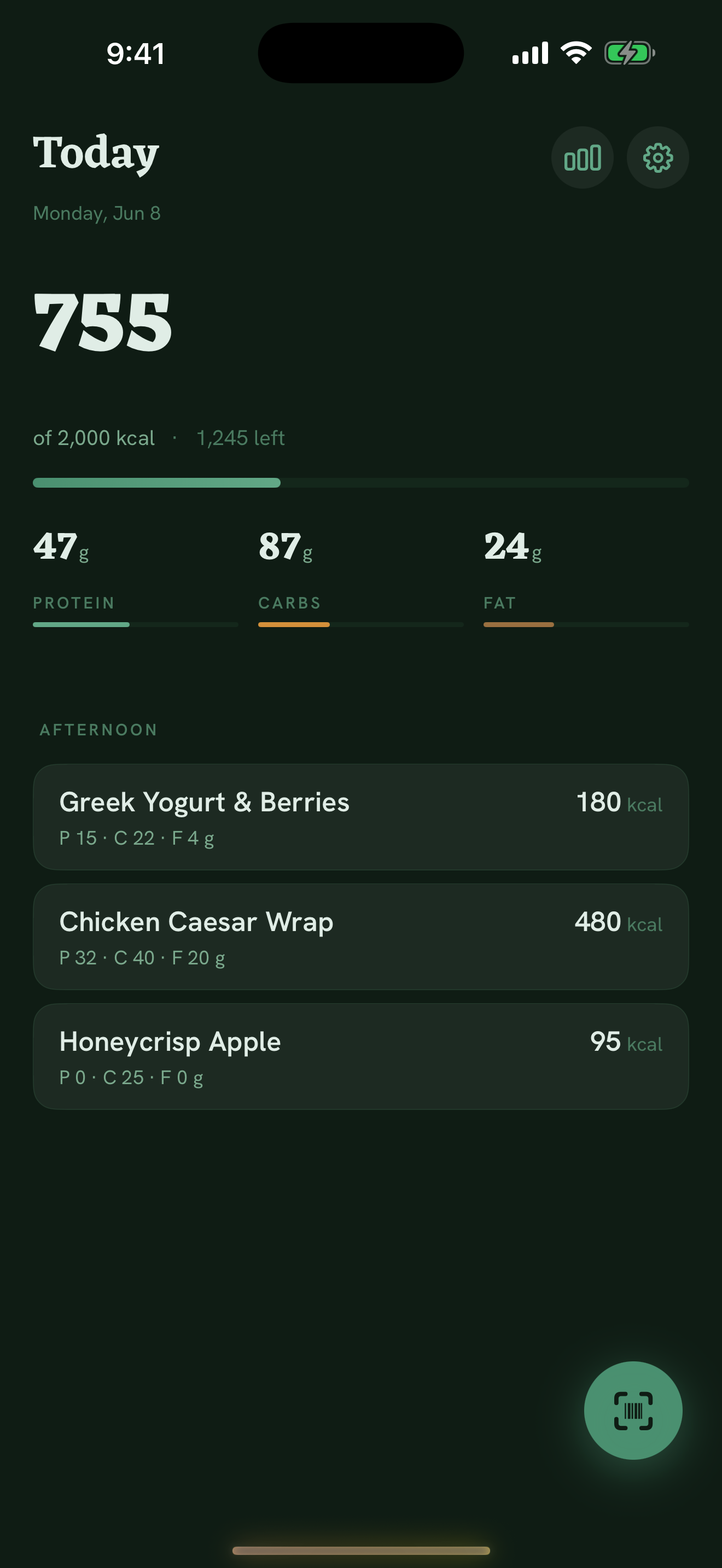 The Theli app's daily diary — calories and macros totalled against the day's targets